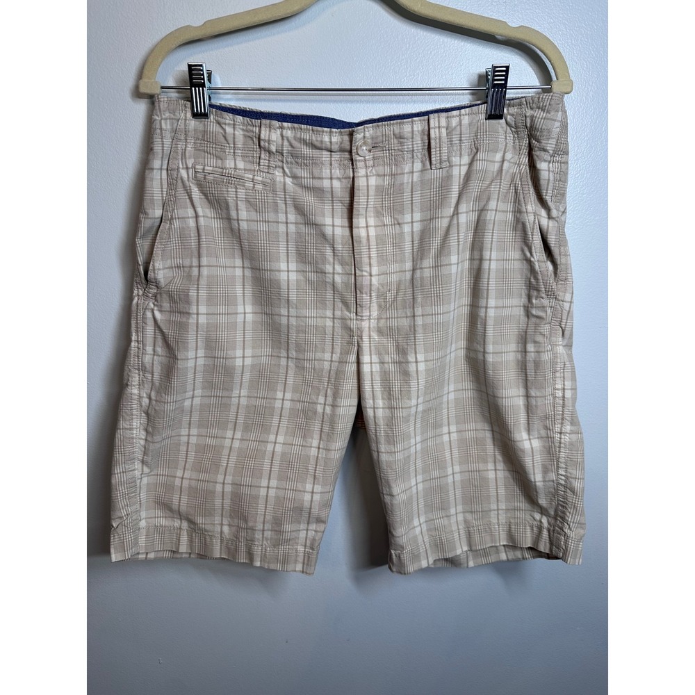 Cremieux Mens Plaid Shorts Tan White 100% Cotton Flat Front Size 32 Casual